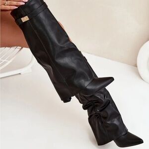 Lavista Black Leather Knee-High Boots with Gold Buckle